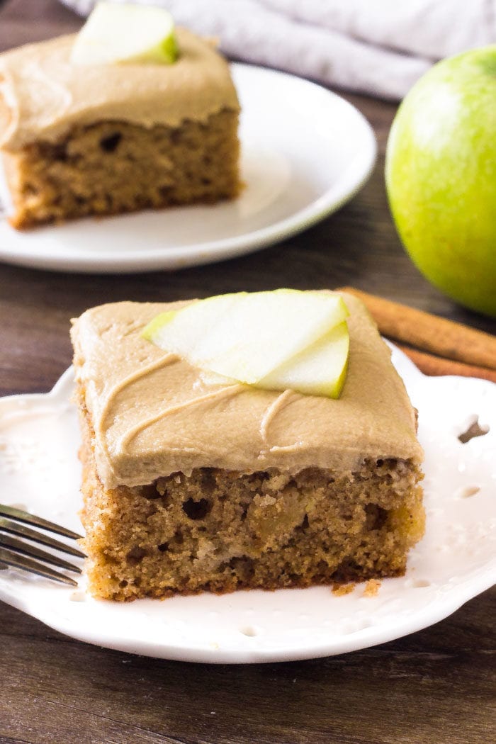 Moist apple spice cake topped with creamy caramel frosting