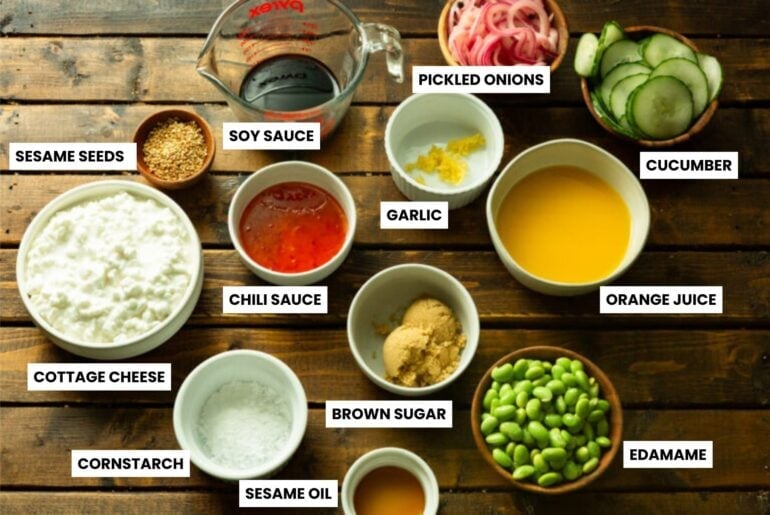 a photo of all the ingredients for a korean ground beef cottage cheese bowl all in separate little bowls