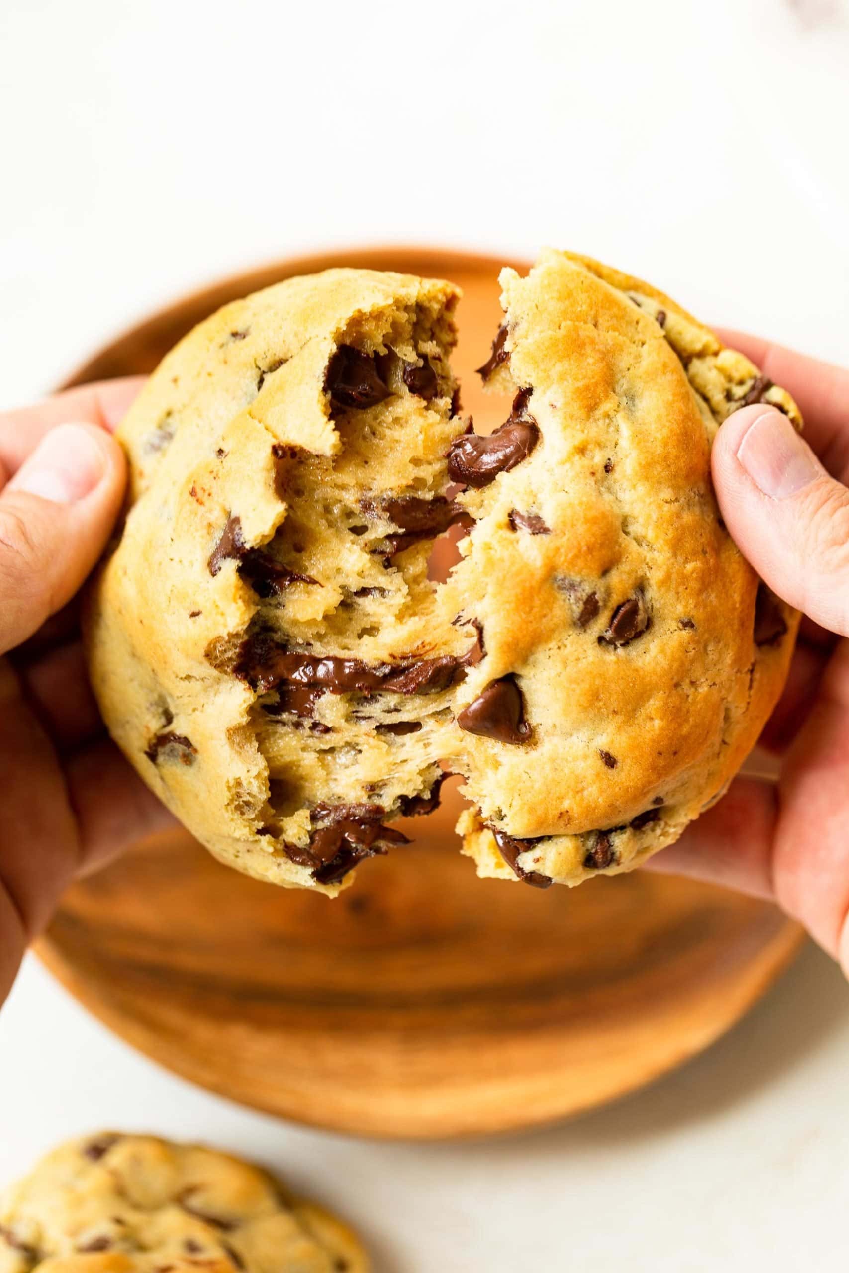 Levain Bakery Style Thick Chocolate Chip Cookies Recipe a photo of something tearing apart a gooey warm thick chocolate chip cookie.